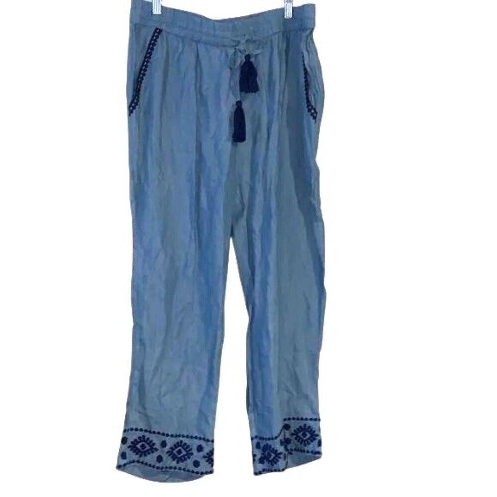 Tommy Bahama Womens Chambray Embroidered Pants W/ Ties & Tassels L 100% Tencel